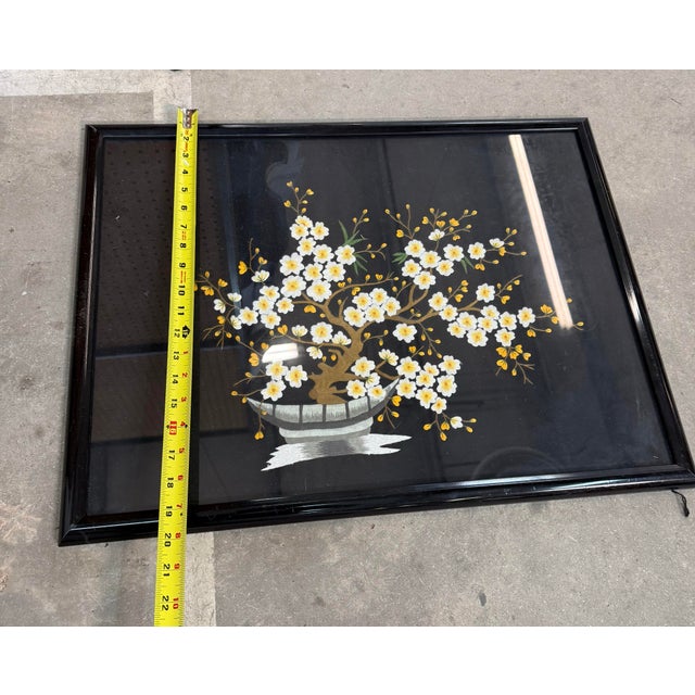 Vintage Asian Needlepoint on Black Silk Hand Made Floral Art Framed 23.5x19.5 For Sale - Image 4 of 5