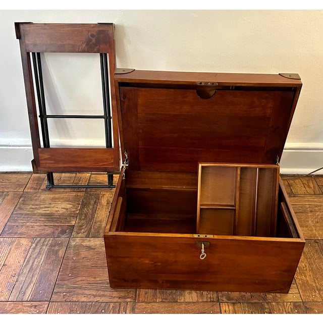 Mid 20th Century Campaign Style Lift-Top Writing Chest on Folding Iron Stand | Mid-Century British Colonial For Sale - Image 5 of 12