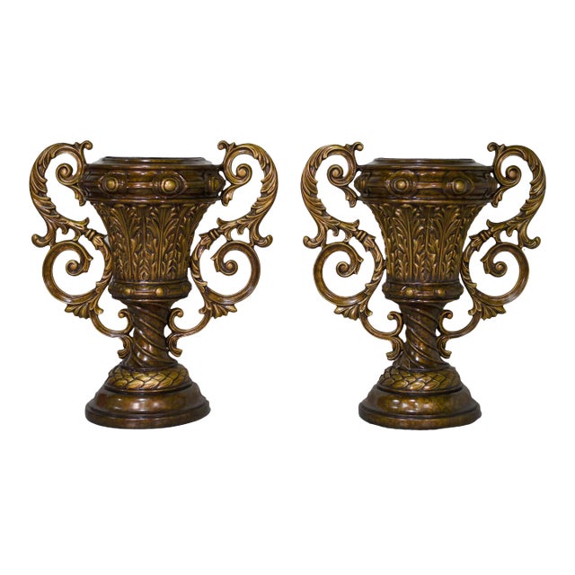 Vintage Contemporary Classical Urn Amphora Decorative Bronze Effect Planters - a Pair For Sale
