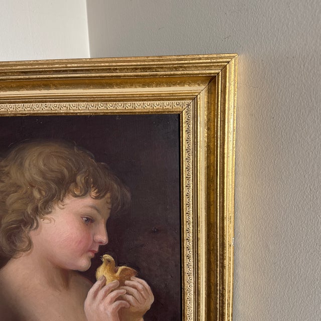 Vintage Oil Painting Child With Chick Classical Portrait Gilt Frame For Sale - Image 11 of 12