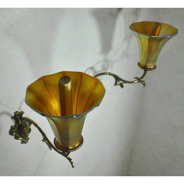 Pair of Antique Quezal Art Glass on Wall Brackets For Sale In Dallas - Image 6 of 7