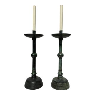 Pair of Mid-20th Century Bronzed Verdigris Candlestick Table Lamps For Sale