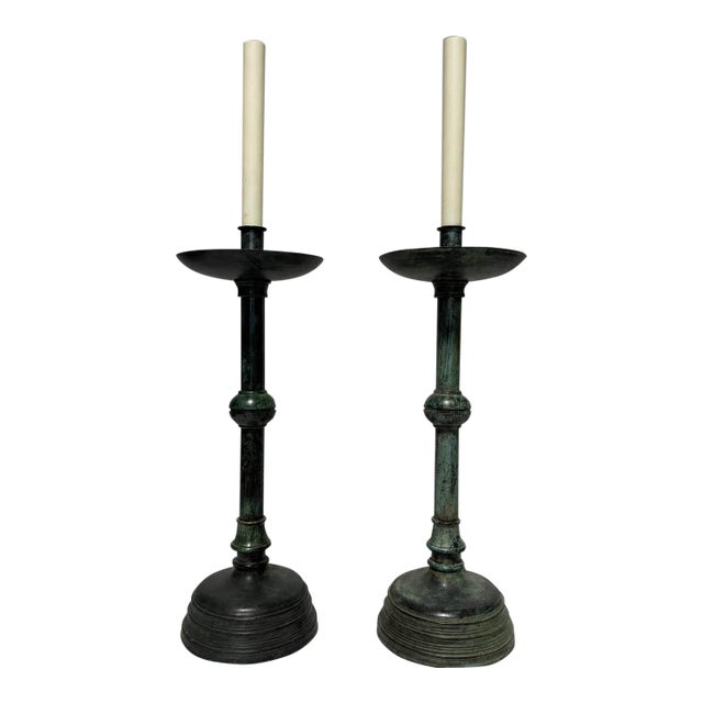 Pair of Mid-20th Century Bronzed Verdigris Candlestick Table Lamps For Sale