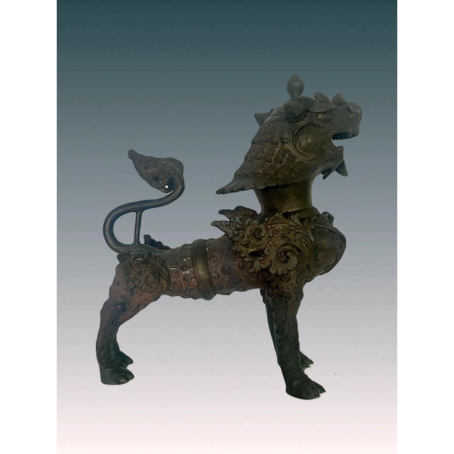 Chinoiserie Ornate Antique Nepalese Bronze Buddhist Lion or Foo Dog Sculpture For Sale - Image 3 of 11