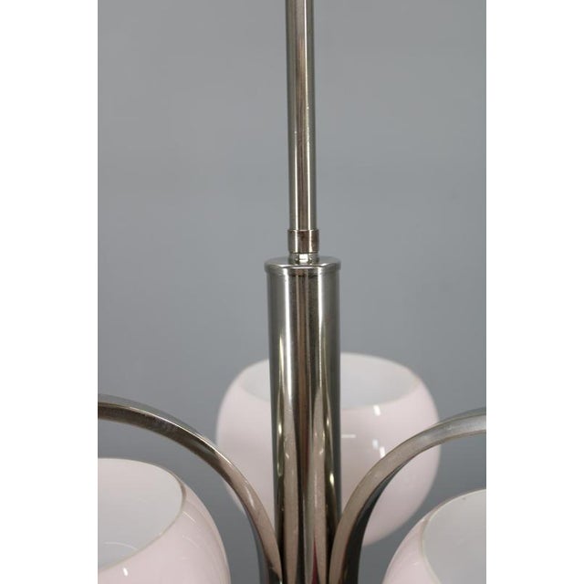 Art Deco Nickel Chandelier with Light-Pink Opaline Shades, Former Czechoslovakia, 1930s For Sale - Image 6 of 12