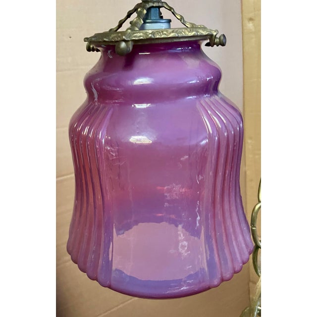Mid 20th Century Cranberry Opalescent Cased Glass Hanging Pendant Ceiling Light Fixture For Sale - Image 11 of 12