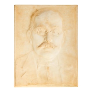 Stately Antique Carved Marble Portrait Plaque Man Glasses Mustache Artist Signed Austrian Home Decor Art Sculpture For Sale