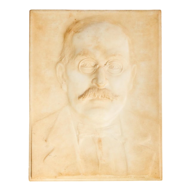 Stately Antique Carved Marble Portrait Plaque Man Glasses Mustache Artist Signed Austrian Home Decor Art Sculpture For Sale