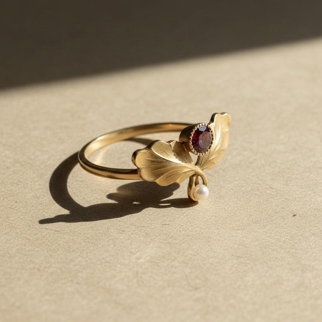 Modern Art Nouveau–Inspired Garnet and Pearl Botanical Ring in 14k Gold, Size 7.5 For Sale - Image 3 of 6
