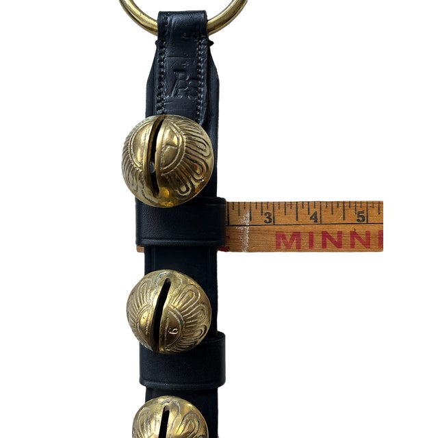 Metal Vintage Amish Moses Smucker Seven Brass Sleigh Bells on Black Leather Strap Door Hanger For Sale - Image 7 of 8
