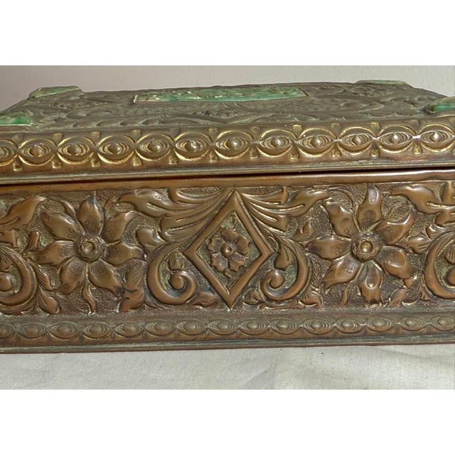 Wood Antique 19th Century Hand Tooled Copper Carved Jade Stone Wood Cigarette Box For Sale - Image 7 of 13