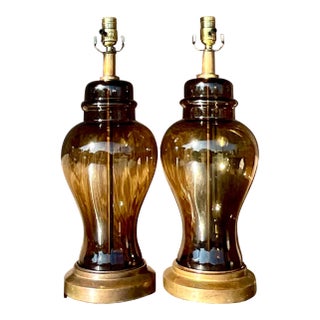 Vintage Boho Smoked Glass Ginger Jar Lamps - a Pair For Sale