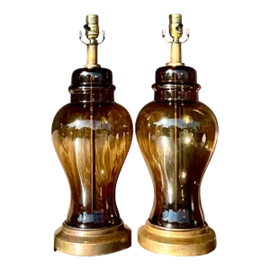 Vintage Boho Smoked Glass Ginger Jar Lamps - a Pair