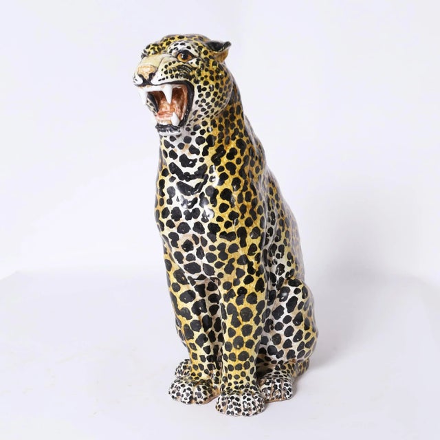 Ceramic Pair of Vintage Italian Glazed Terra Cotta Leopard or Cat Sculptures For Sale - Image 7 of 10