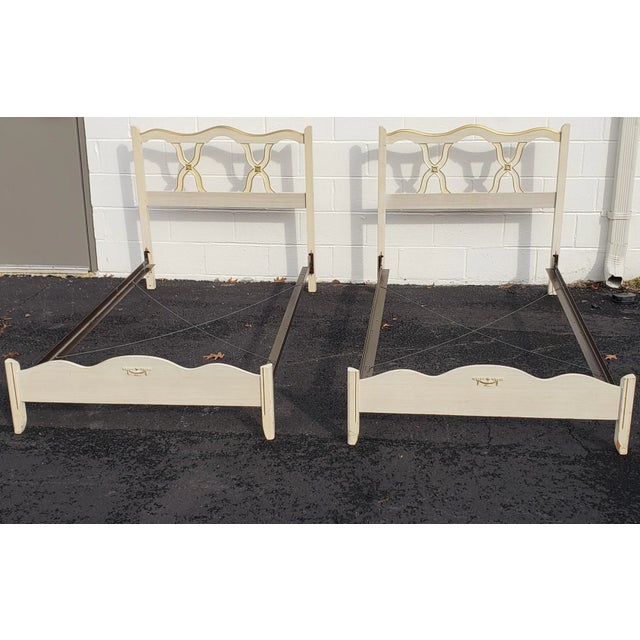 Beautiful, light weigh Pair of Mid-Century French Country Twin Size Bedframes and Bedside Chest in cream and antique white...