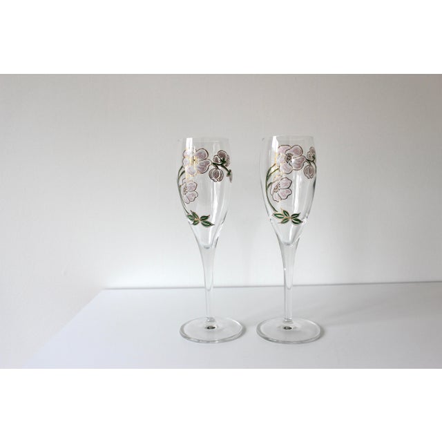 Pink Two Vintage Perrier Jouet Painted Champagne Glasses, Pair of Flutes, French Glassware For Sale - Image 8 of 8