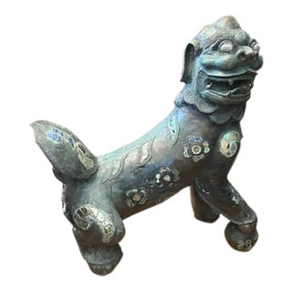 1950s Large 44 Inch High Asian Bronze Foo Dog Statue With Shell Stone Inlay For Sale