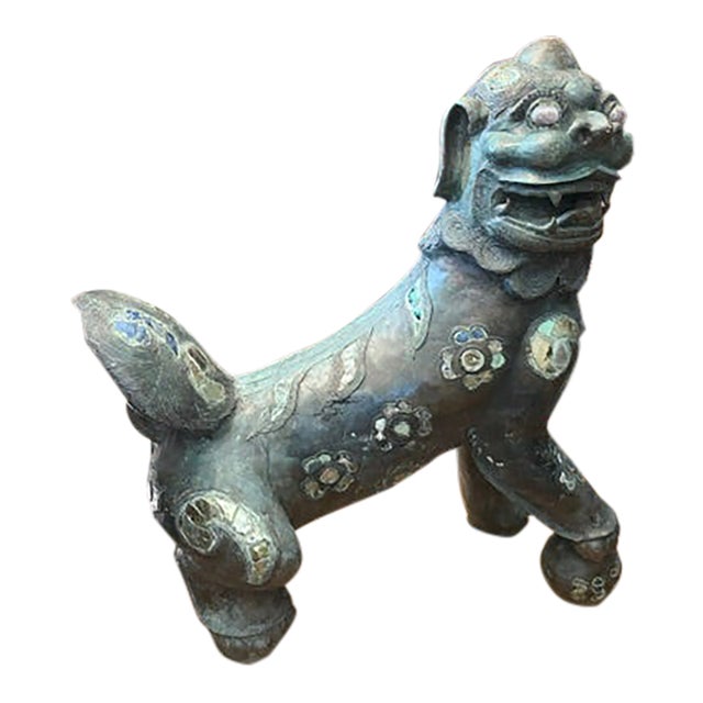 1950s Large 44 Inch High Asian Bronze Foo Dog Statue With Shell Stone Inlay For Sale