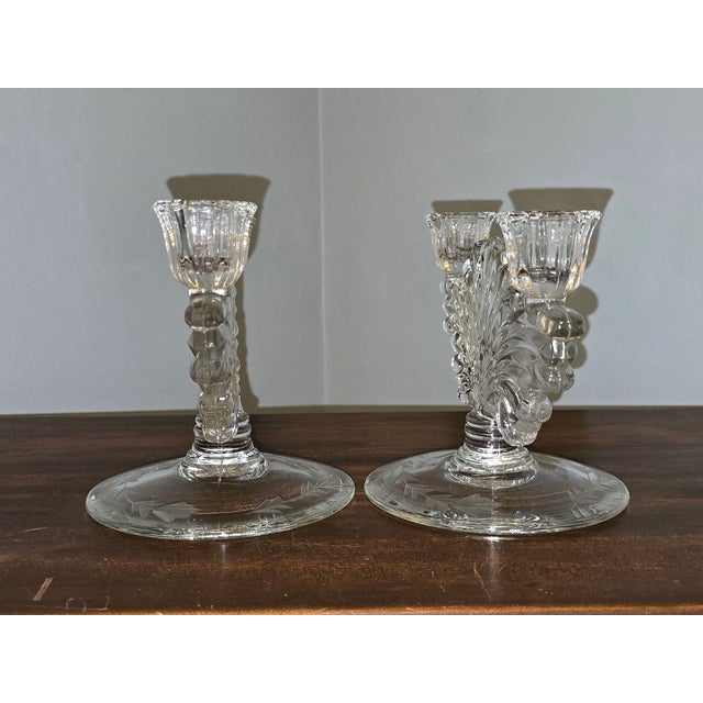 Vintage Pressed‑Glass Candlesticks With Etched Leaf Bases — Pair For Sale - Image 12 of 12
