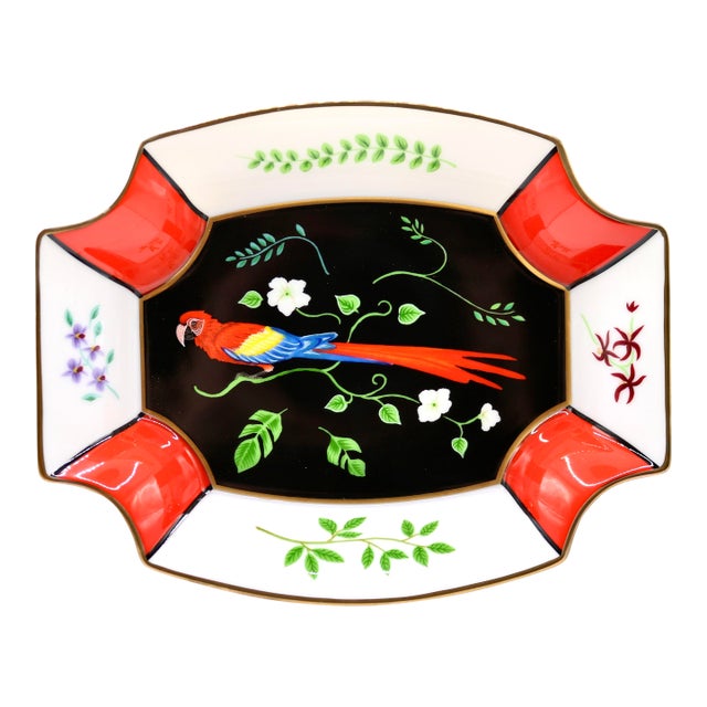 Vintage Lynn Chase Designs "Jaguar Jungle" Porcelain Parrot Motif Octagonal Tray For Sale