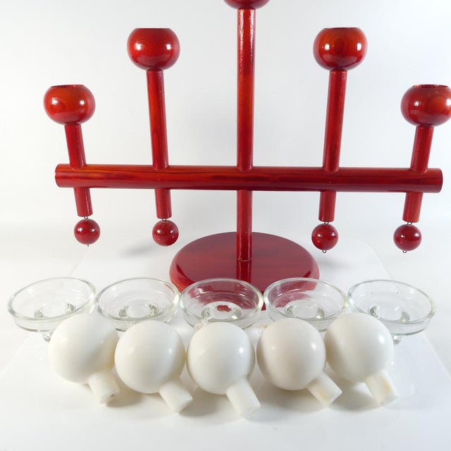 Large, rare wooden candlestick from Aarikka Finland. Complete with glass holders and white ball candles. Height including...