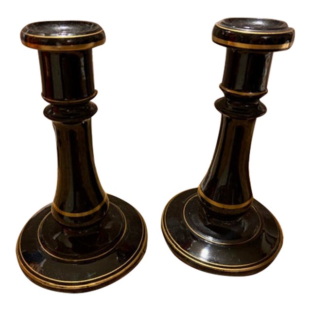 Pair of 2 Heavy Vintage Black Amethyst Glass Candlesticks For Sale