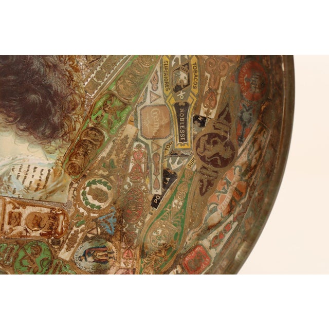 Vintage Folk Art/Tramp Art Tobacciana Cigar Band Decoupage Glass Decorative Bowl For Sale - Image 13 of 15