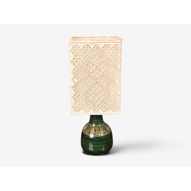 1976 Swedish Modern, Table Lamp, Green Glazed Stoneware, Crochet Shade For Sale - Image 4 of 12
