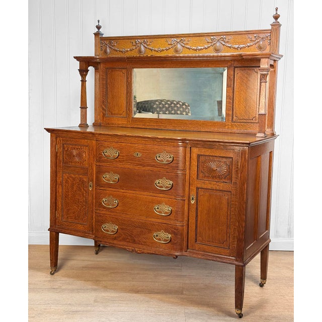 Antique Edwardian Quartersawn Oak Mirrored Sideboard Buffer Server For Sale - Image 4 of 18