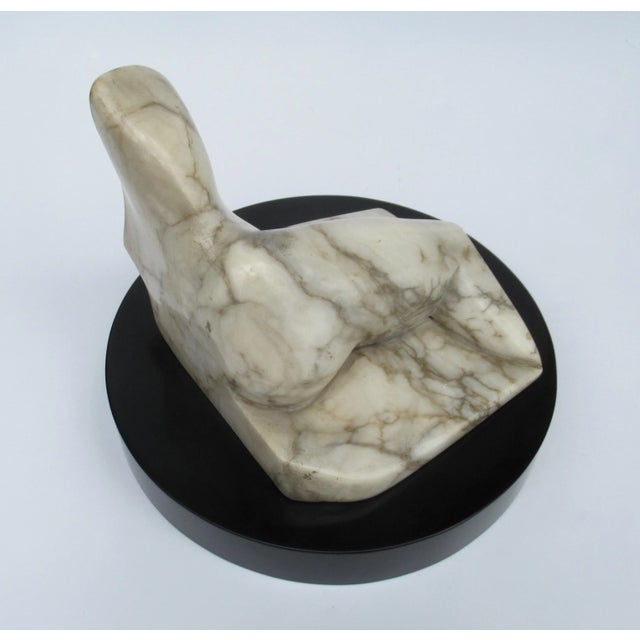 C.1970's Italian Carrara Marble Carved & Honed Reclined Female Figure Sculpture, Mounted on Round Black Marble Base For Sale - Image 9 of 13