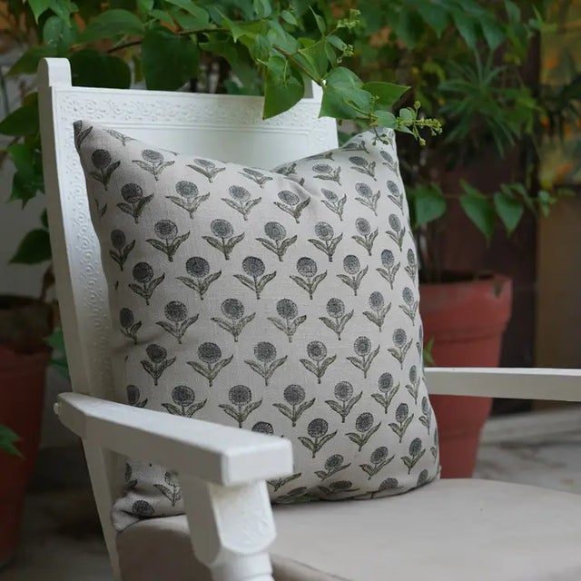 Art Deco Premium Block Water Replicant Cushion Cover 26x26 Inch Cotton Linen- Genda Pushp For Sale - Image 3 of 6