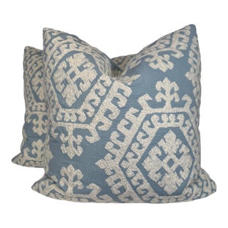 Schumacher "Omar Embroidery" in Color Sky 22" Pillows-a Pair For Sale