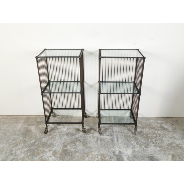 Black Vintage Industrial Carts with Glass Shelves and Casters, Sold Individually For Sale - Image 8 of 11
