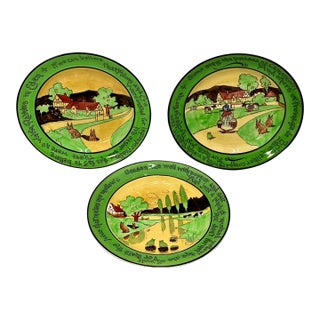 Set of 3 Antique Ye Olde English Staffordshire Pottery Rabbit Motto Plates - Wall Hanger Brackets Included For Sale