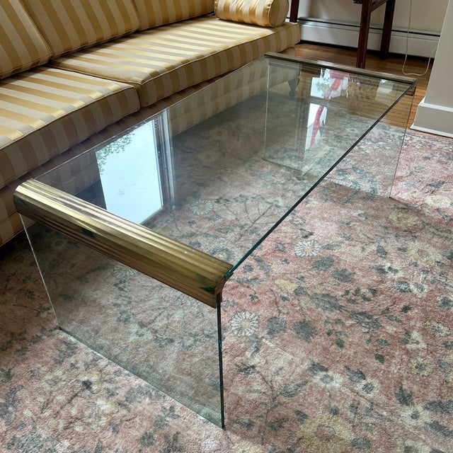 Brass 1970s Leon Rosen for Pace Waterfall Style Glass Coffee Table For Sale - Image 8 of 8