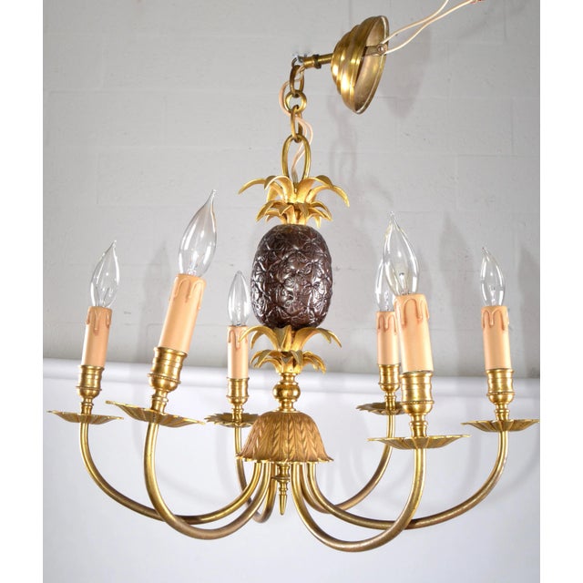 Original Maison Charles Neoclassical Six Light Pineapple Two Tone Bronze Chandelier with sleeves. Wired for the US and...