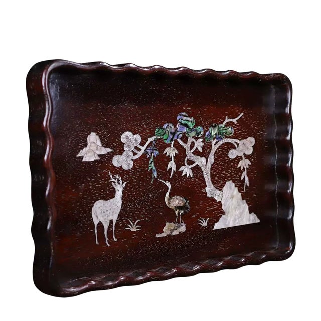 1990s Chinese Zitan Wood Tray With Mother-of-Pearl Deer and Crane Inlay For Sale - Image 4 of 7