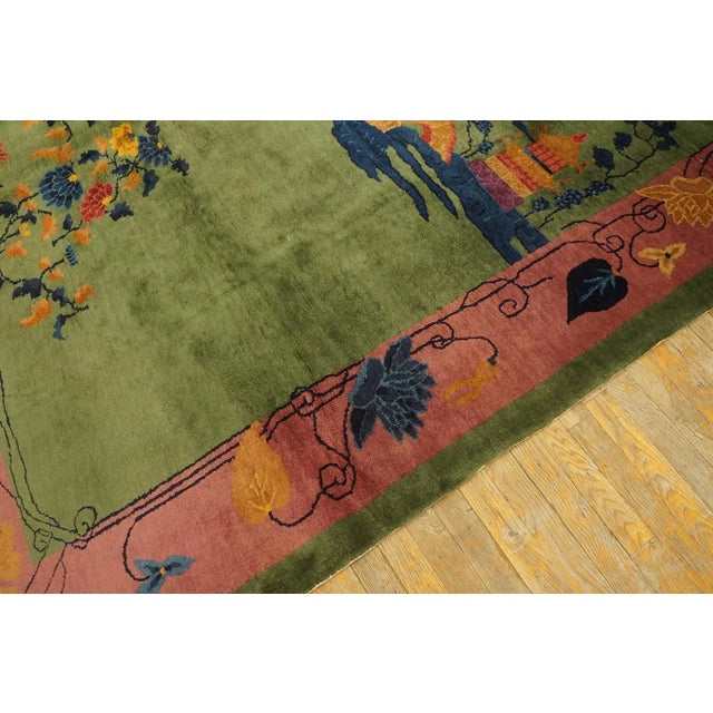 1920s Green Pictorial Antique Chinese Art Deco Carpet Rug 8' X 9'6" Wool Knotted Pile For Sale - Image 10 of 12