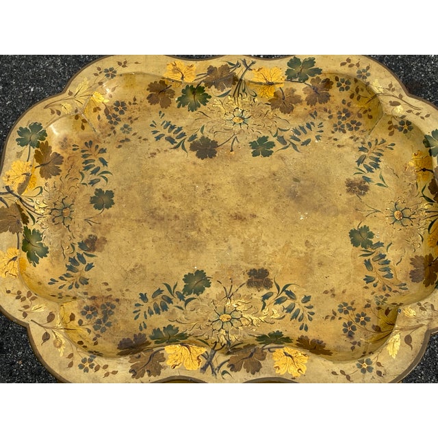 Mid 20th C. Hand Painted Mustard Yellow Tole Serving Tray on Fitted Faux Bamboo X Base Stand For Sale - Image 4 of 11