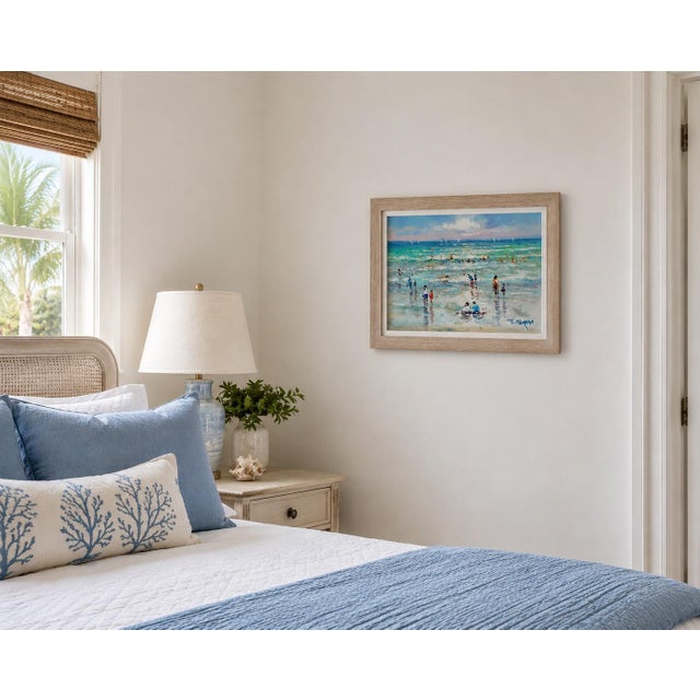 Traditional Beach Day Along the Shore, Original Framed Oil Painting on Canvas, by J. Morgan For Sale - Image 3 of 4