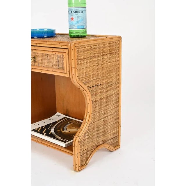 French Riviera Nightstands in Rattan, Wicker and Brass, Italy, 1970s, Set of 2 For Sale - Image 6 of 15