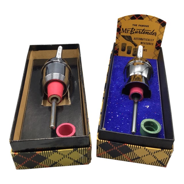 Pair of 1960s Mr. Bartender Chrome Pre Measured Pour Spouts in Original Box’s For Sale