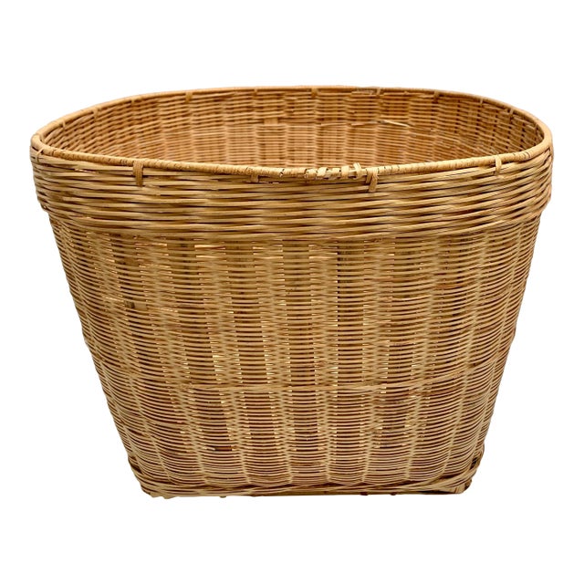 Vintage Rustic Asian Tan Wood Wicker Basket For Sale