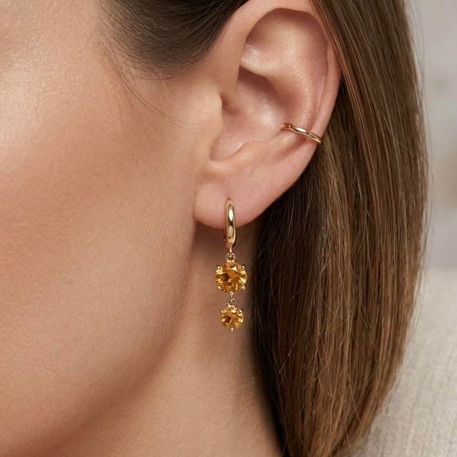 Metal 18k Gold Plated Citrine Two-Stone Dangle Huggie Hoops, Yellow Gemstone Drop Earrings - A Pair For Sale - Image 7 of 7