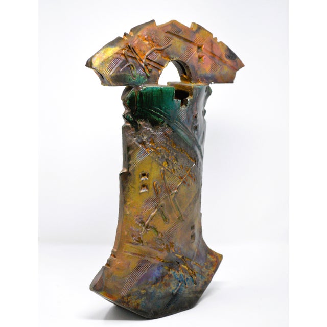 Signed Raku Pottery Sculptural Art Vase Beautiful brutalist style geometric shape with raised and carved details. It is...