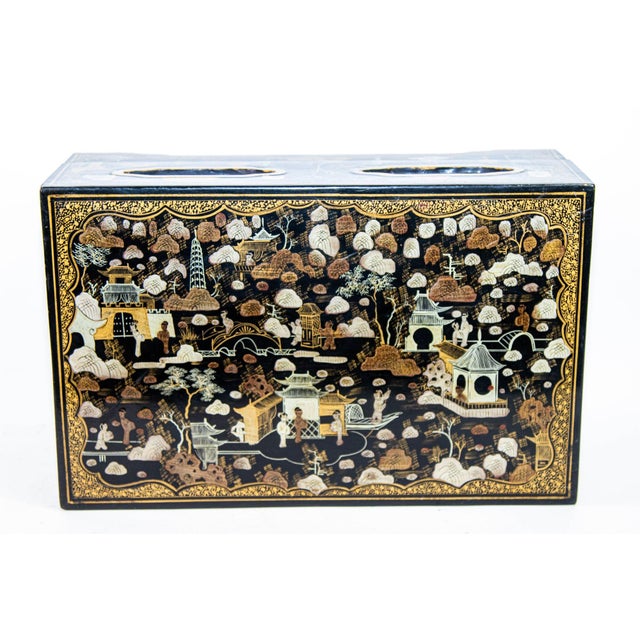 Large Chinoiserie Rectangular Black Lacquered Gilt Painted Covered Box 1950s. Large Chinese black lacquered box with...