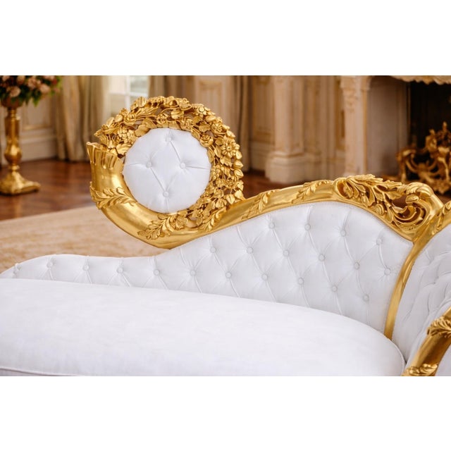 1970s Artisan Louis XVI Gold Beech White Leather Chaise-1 Pc For Sale - Image 4 of 9