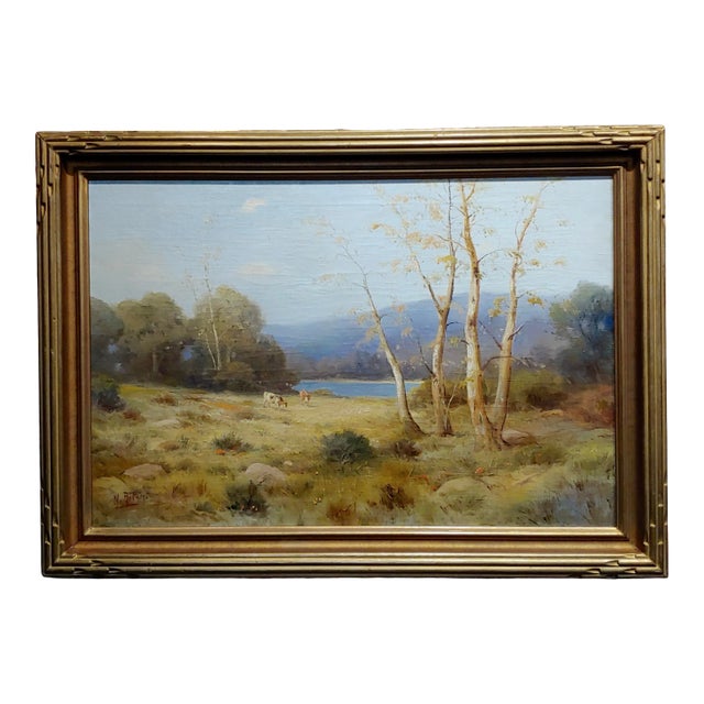 Quaint Pastoral Landscape by the Lake -19th Century Oil Painting For Sale