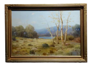Quaint Pastoral Landscape by the Lake -19th Century Oil Painting
