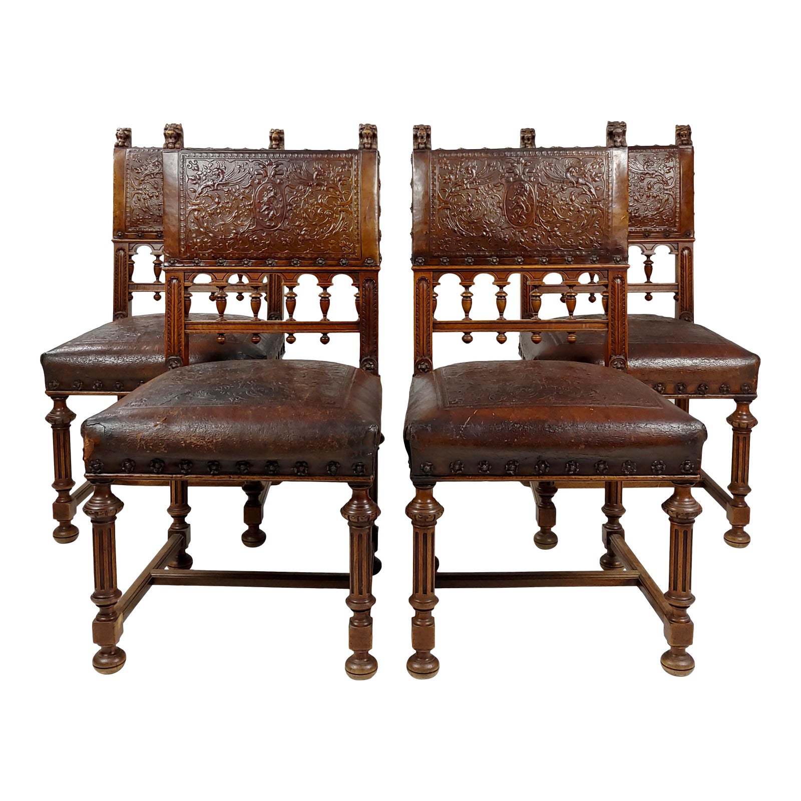 19th Century Spanish Revival Leather Embossed Dining Chairs Set of 4